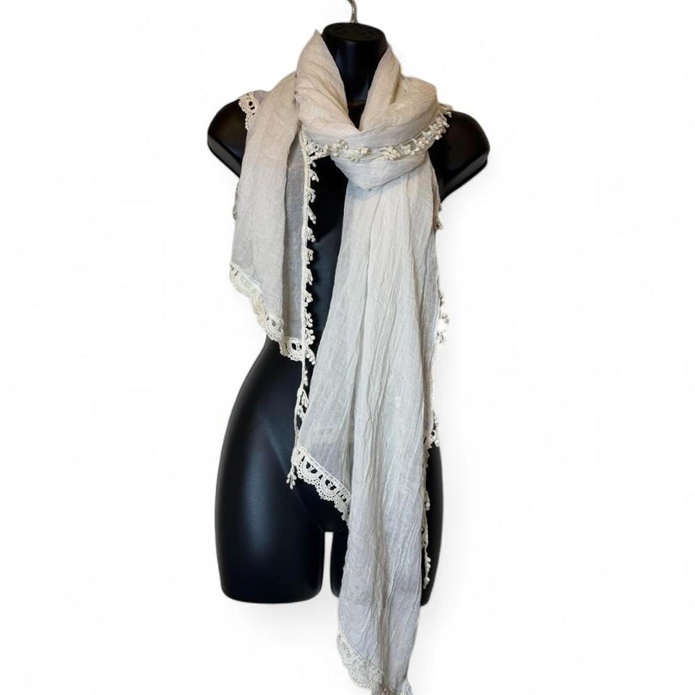 Cottagecore Cream Gauze Crinkle Crochet Lace Trim Tassel Border Scarf